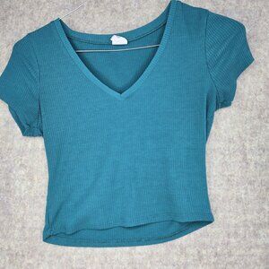 Destined Womens Medium Teal Ribbed V-Neck Short Sleeve Top